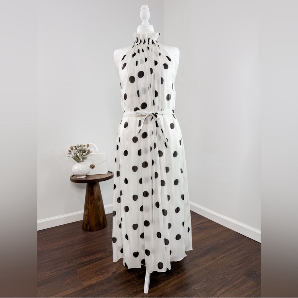 Halpern Polka-Dot Plisse Belted Halter Midi Dress - Picture 3 of 9